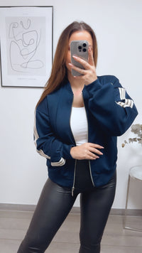 Sweat Jacke mit seitlichen Streifen / Marine blau - creme Art. 13248