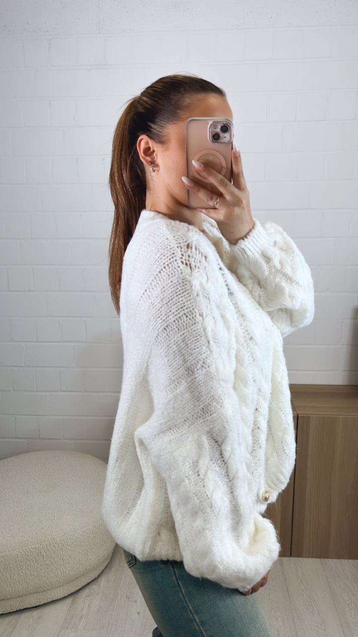 ZOPFMUSTER Strick Cardigan, goldene Knöpfe / weiss Art. 9447
