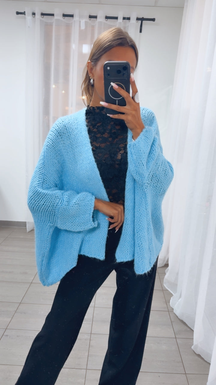 Oversize Strick Cardigan mit 3/4 -  Fledermausärmeln, offen / hell blau Art. 16218