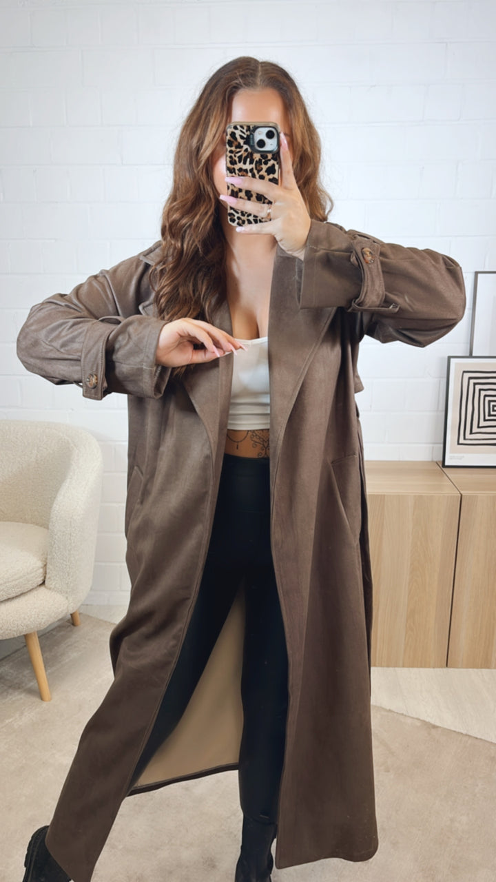 VELOURS langer Trenchcoat Mantel zum SCHNÜREN / braun Art. 12609