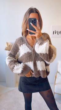 zweifarbiger, kurzer Strick Cardigan, Knöpfe / braun meliert - Creme Art. 12776 KHX