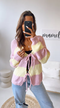 STREIFEN Strick Cardigan zum schnüren / soft gelb - rosa Art. 10821