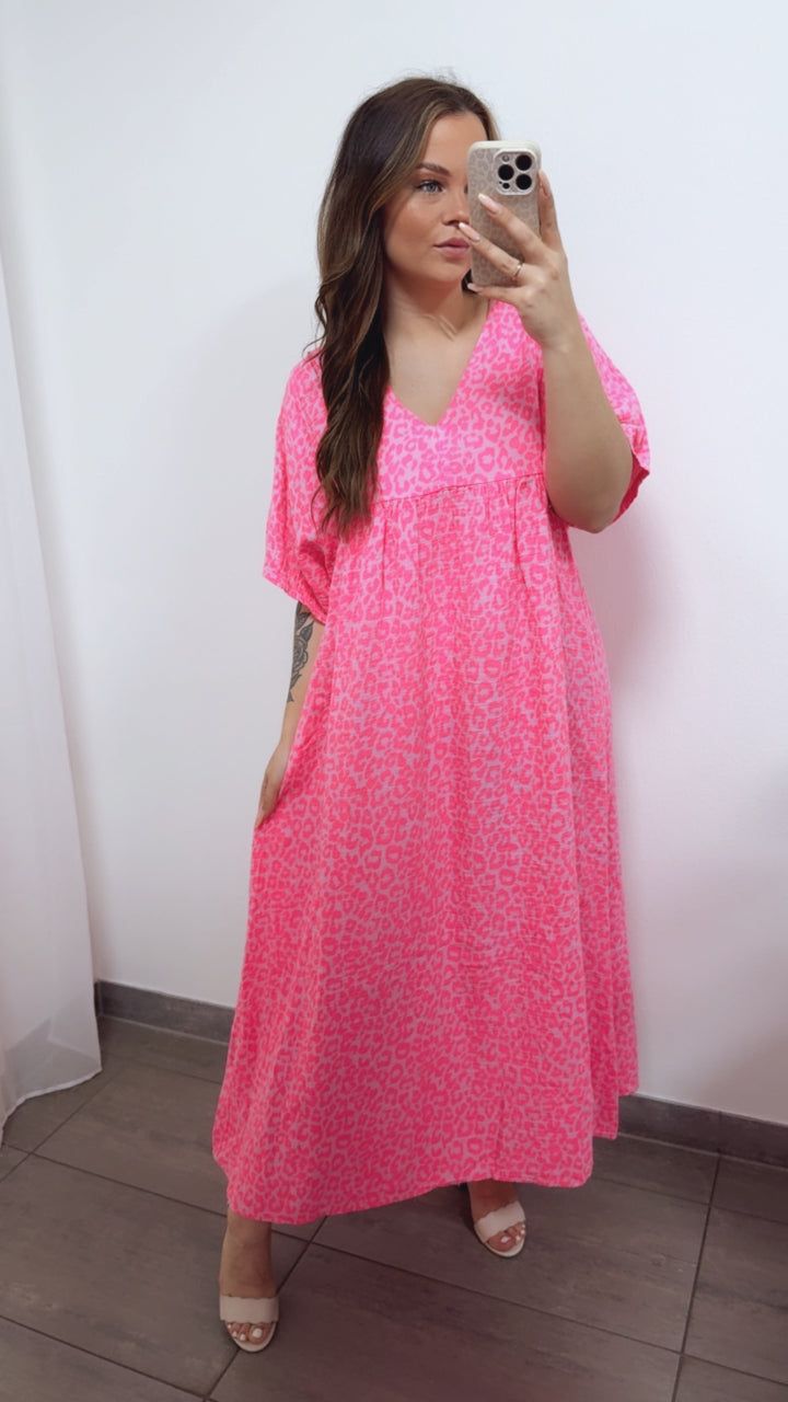 LEO langes Musselin Kleid, kurze Ärmel / rosa - Neon pink Art. 14690