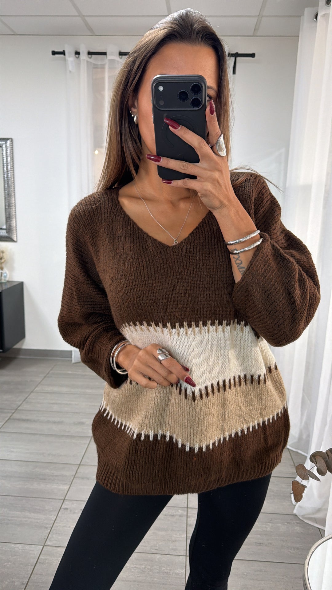 wollfreier BLOCKSTREIFEN oversize Strick Pullover, V-Ausschnitt / braun - beige - weiss Art. 16650
