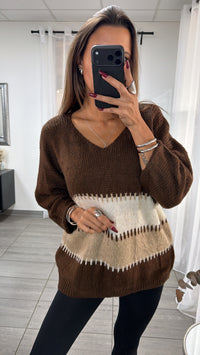 wollfreier BLOCKSTREIFEN oversize Strick Pullover, V-Ausschnitt / braun - beige - weiss Art. 16650