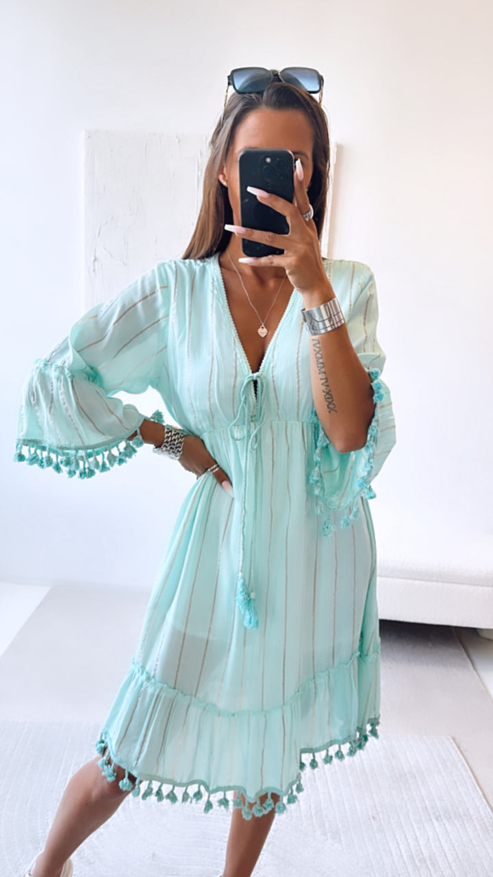 Kleid mit Glitzer Streifen / türkis Art. 9932