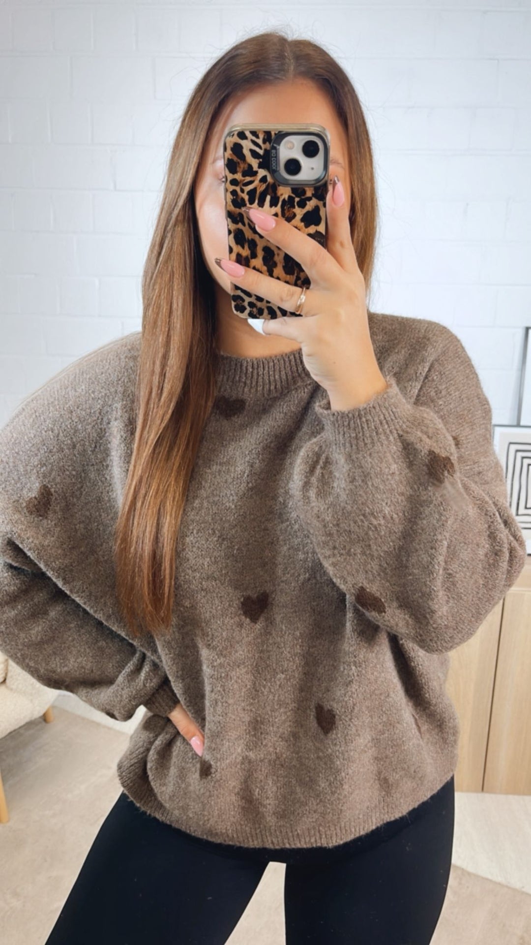 super süßer Pullover mit kleinen Herzen / braun meliert - Schoko braun Art. 12736