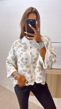 KURZÄRMELIGER LEO Strick Cardigan mit gold - silbernen Knöpfen / weiss - beige Art. 10805