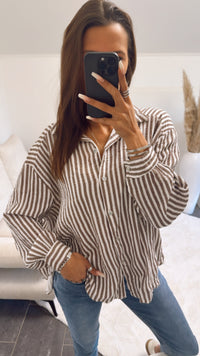KURZE Oversize Musselin Bluse mit Streifen / braun - beige Art. 9327