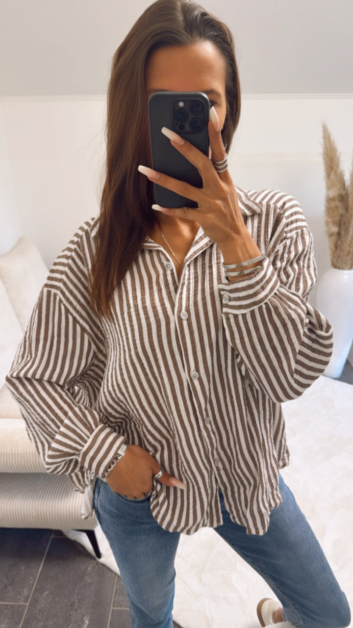 KURZE Oversize Musselin Bluse mit Streifen / braun - beige Art. 9327