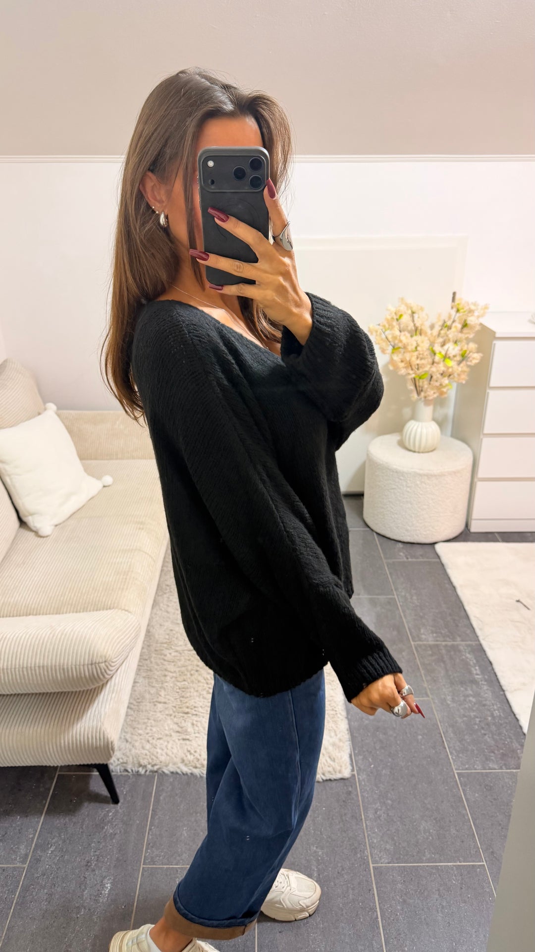 Wollfreier Fledermaus Strick Pullover / schwarz Art.16555