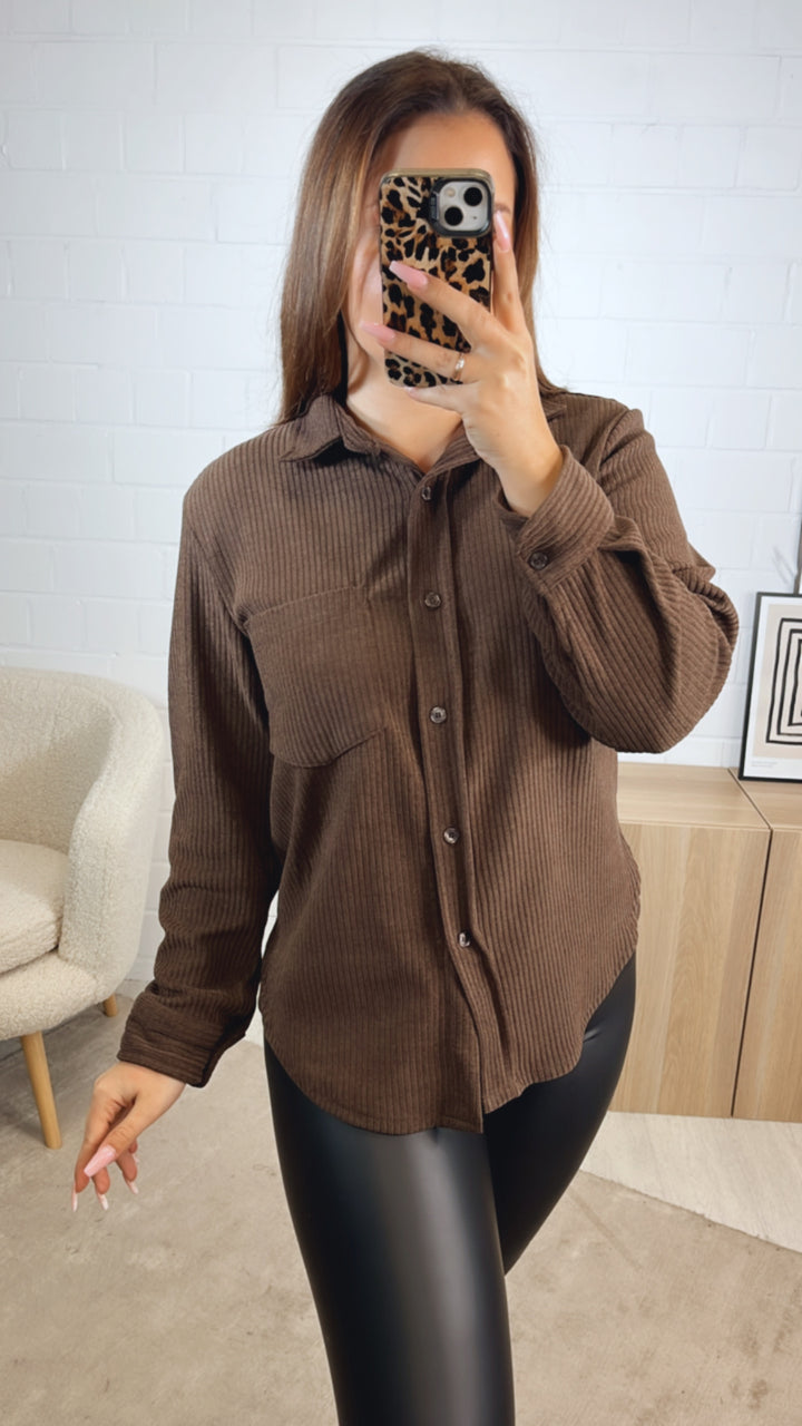 Bluse im Cord Look mit Brusttasche / braun Art. 12483