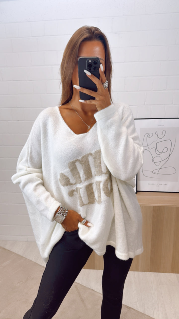 weiter Strick Pullover " Amour " / wollweiss - beige Art. 10797