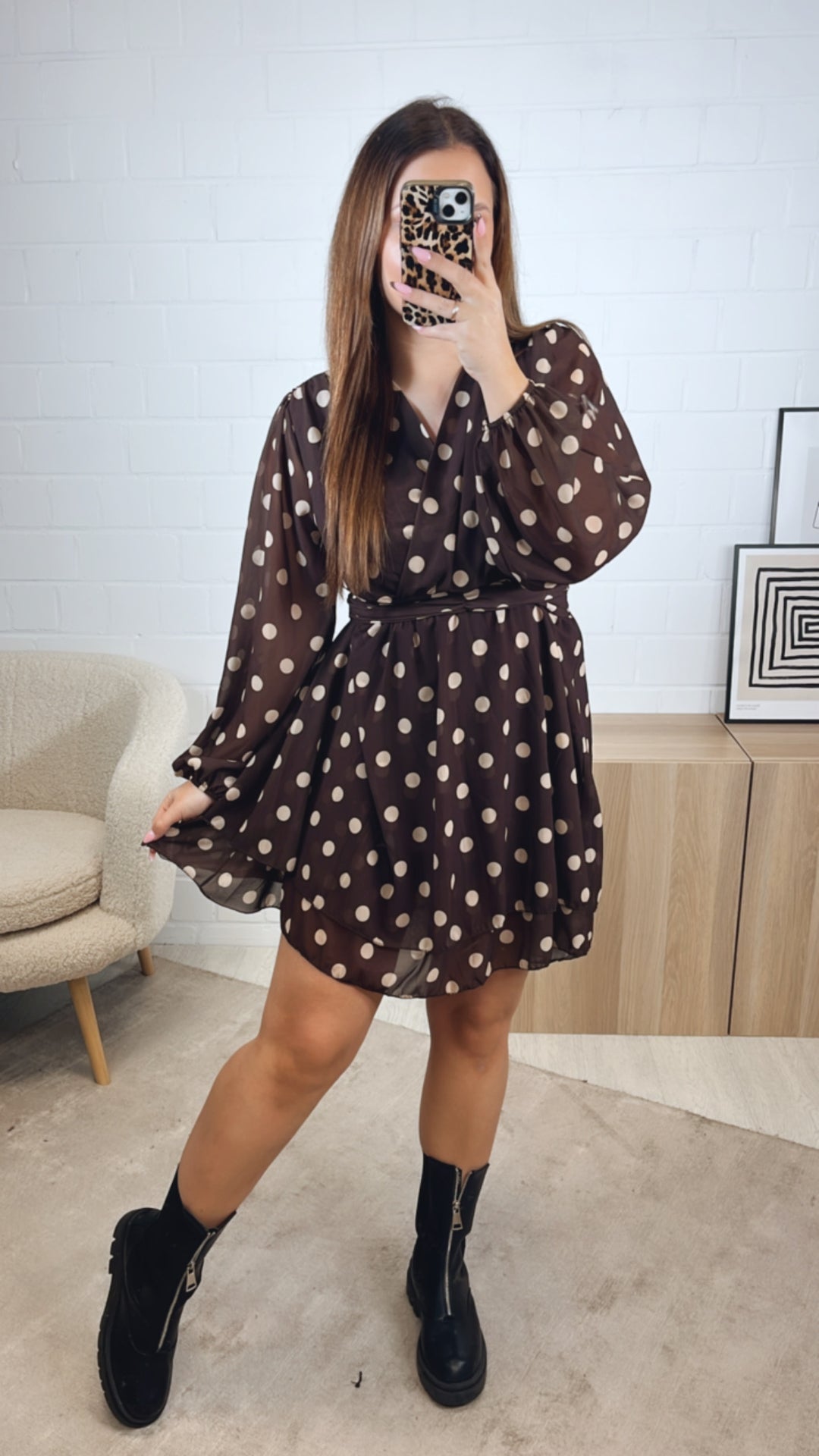 PUNKTE Chiffon Kleid / dunkel braun - creme Art. 12768