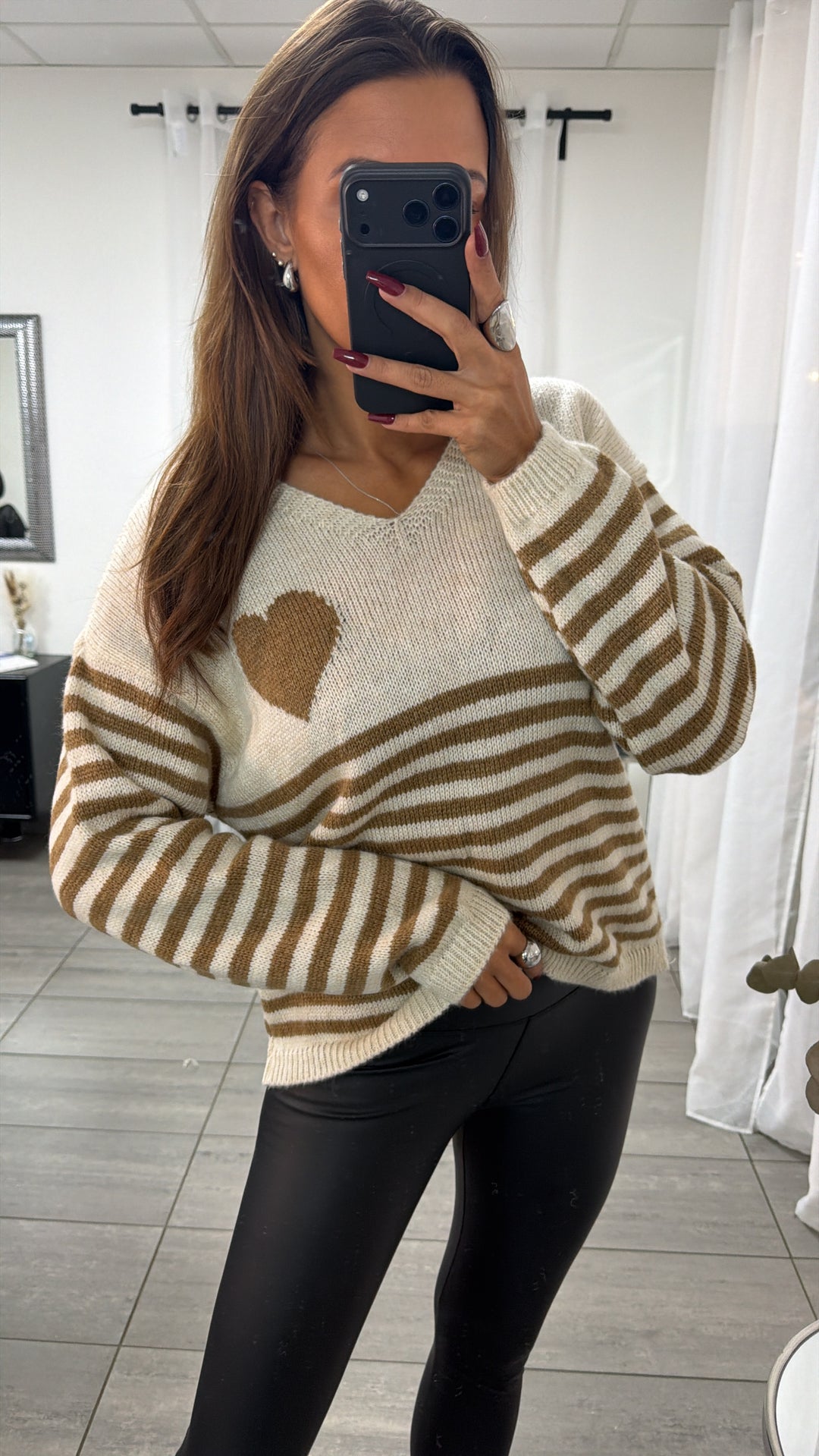 STREIFEN + HERZ Strick Pullover, V-Ausschnitt / creme - camel Art. 16587