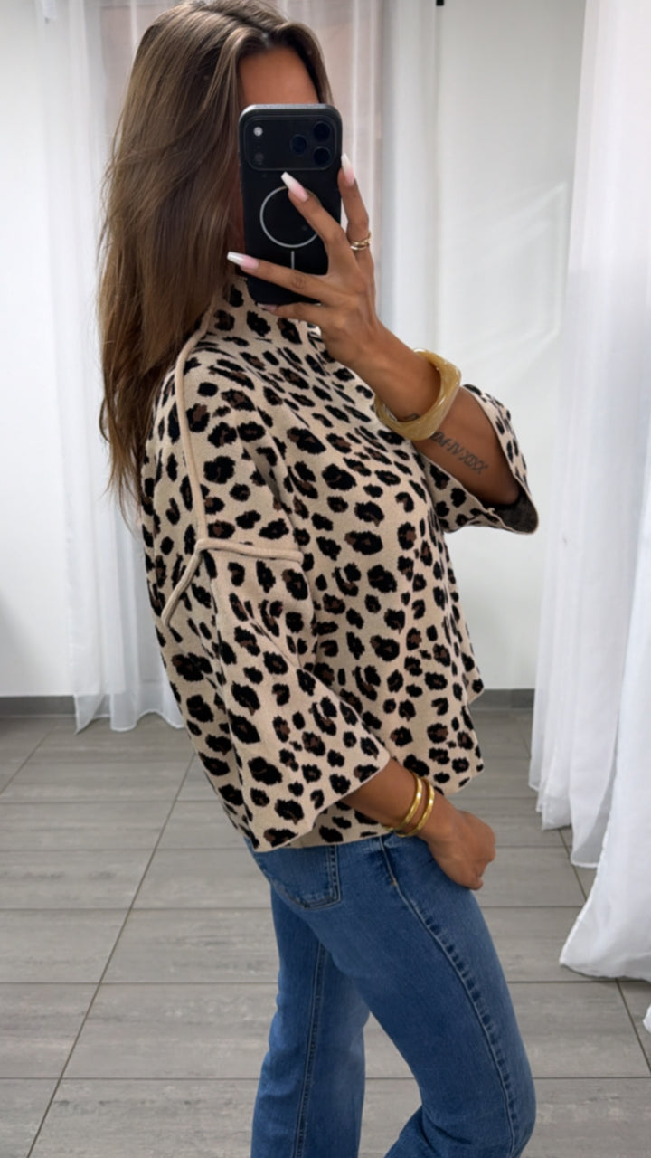 Stylischer Leo Pullover mit Stehkragen / beige - schwarz - braun Art.16331
