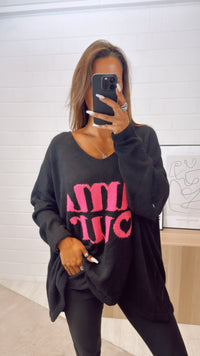 weiter Strick Pullover " Amour " /  schwarz - pink Art. 10798