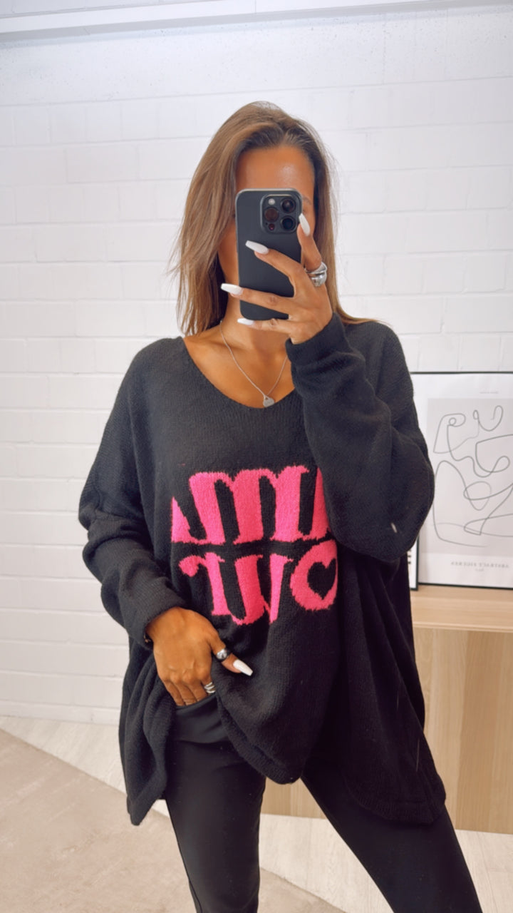 weiter Strick Pullover " Amour " /  schwarz - pink Art. 10798