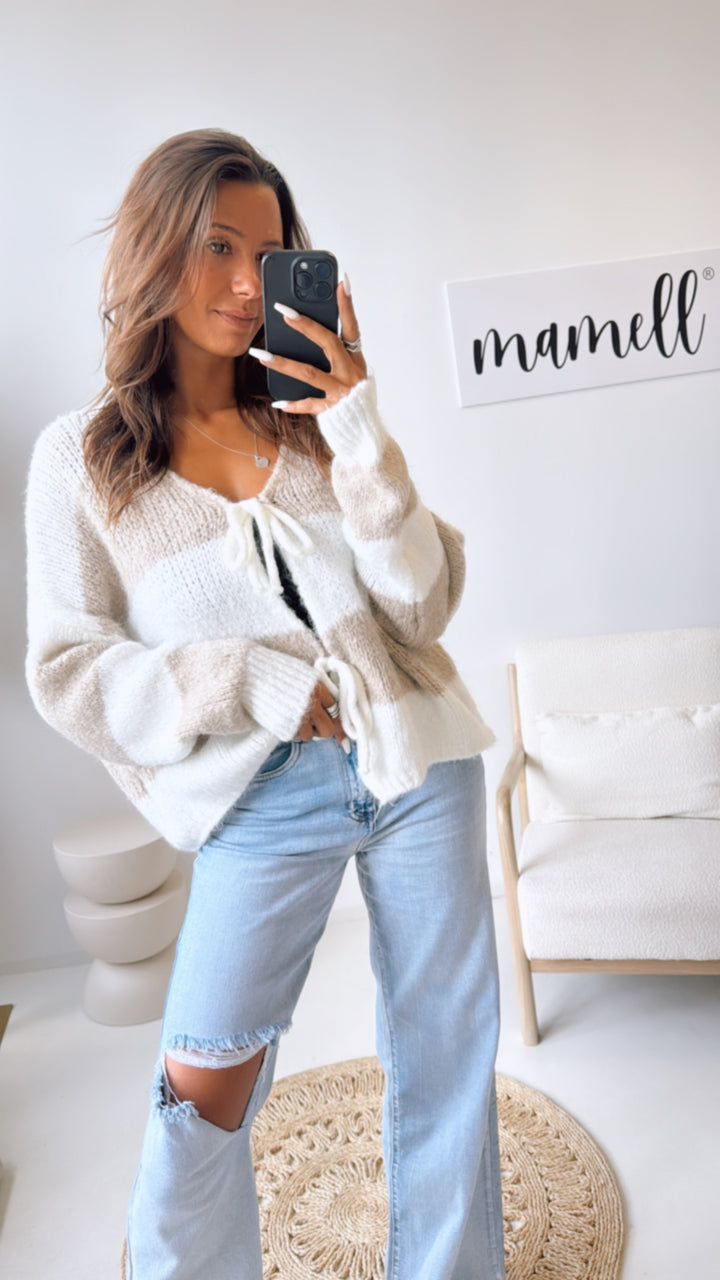 STREIFEN Strick Cardigan zum schnüren / beige - wollweiss Art. 10816