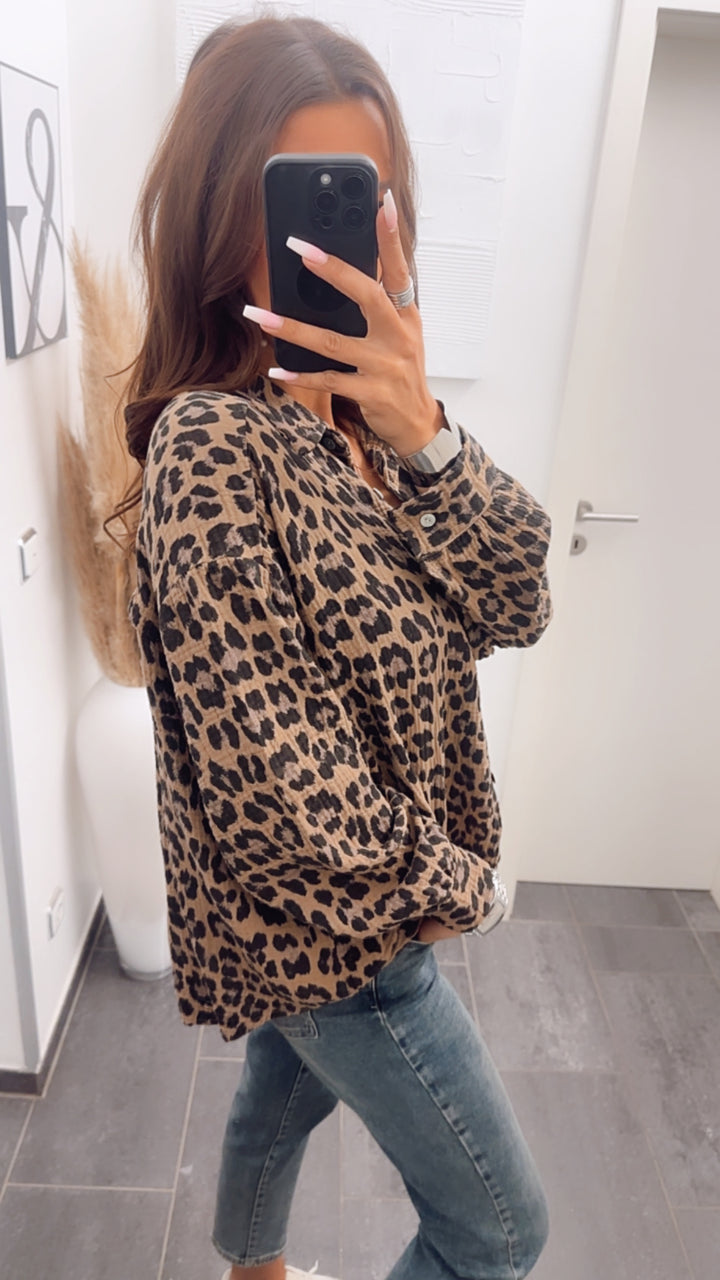KURZE Oversize Musselin Bluse / leo camel Art. 7781