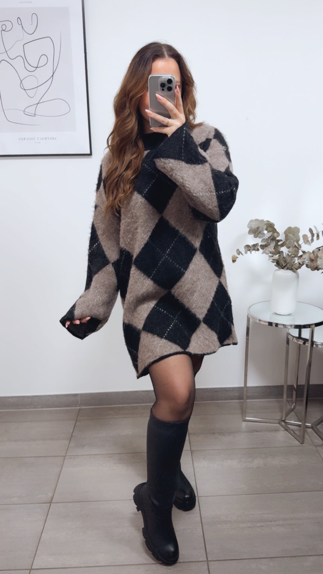 ARGYLE flauschiges Strick Kleid / schwarz - braun meliert - weiss Art. 13165