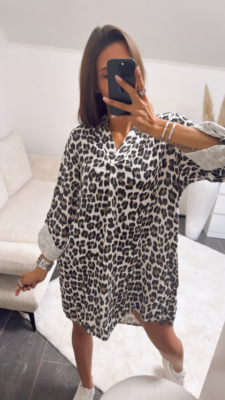 LEO Musselin Blusen Kleid mit V-Ausschnitt / leo creme Art. 9553