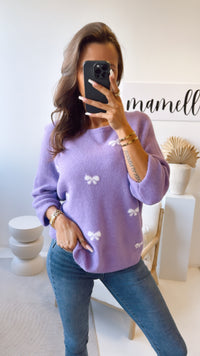 Pullover mit Schleifen, 3/4 - Ärmel / lila - weiß Art. 9221