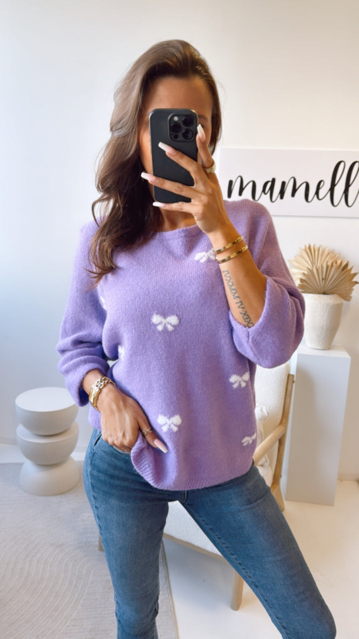 Pullover mit Schleifen, 3/4 - Ärmel / lila - weiß Art. 9221