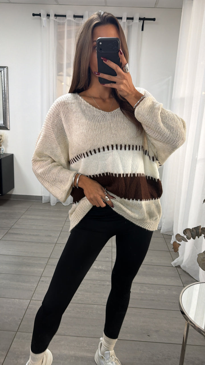 wollfreier BLOCKSTREIFEN oversize Strick Pullover, V-Ausschnitt / creme - braun - weiss Art. 16651