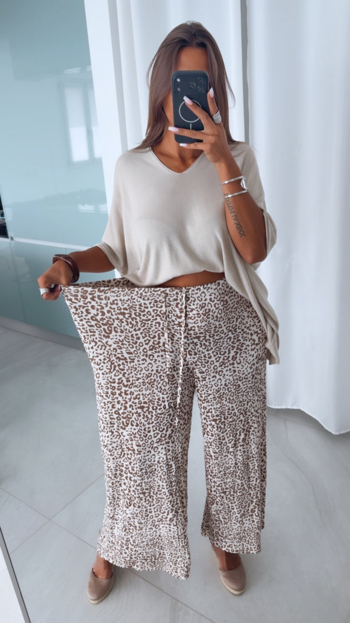 Softe Leo Stoff Hose KLEINES MUSTER / Creme - taupe Art. 15922