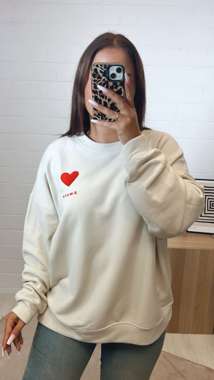 oversize Pullover " Amore " / beige - rot Art. 12286