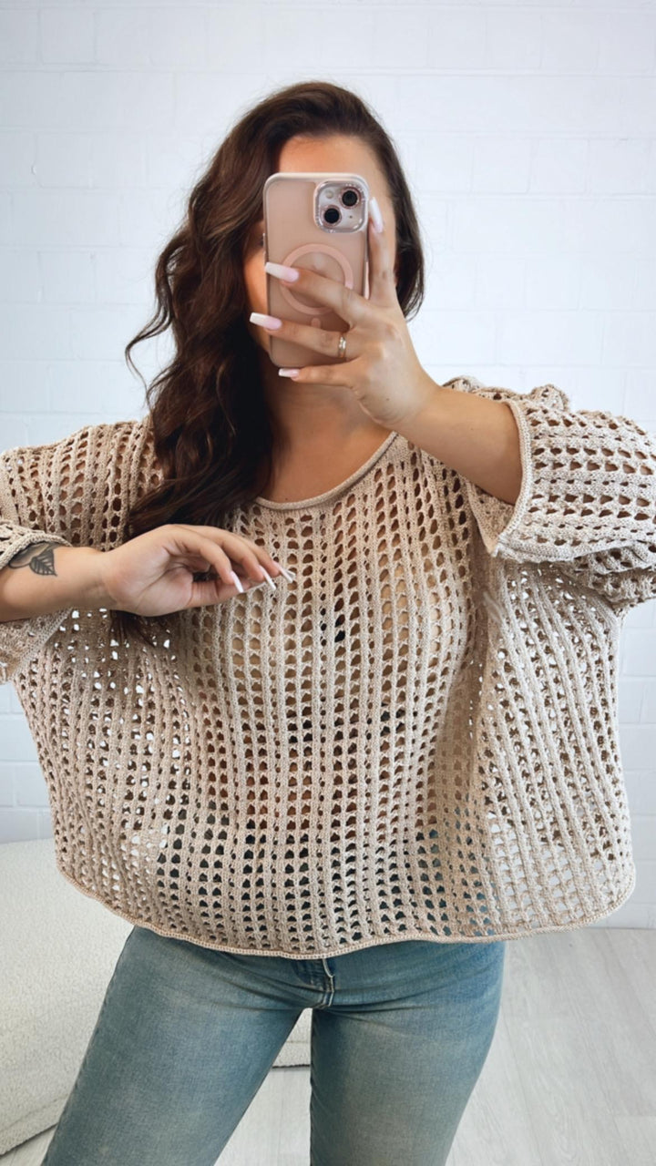 kurzer Häkel Pullover, Lochmuster / light Camel Art. 10519