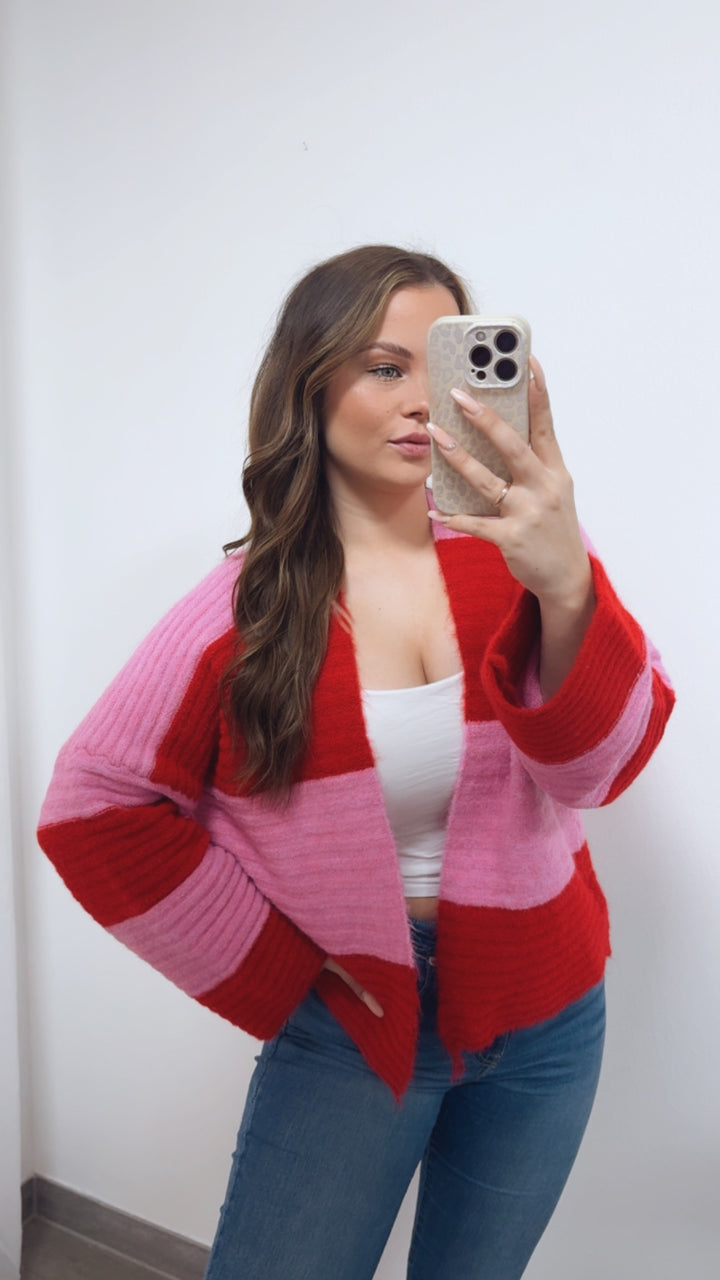 STREIFEN weiter, offener Cardigan / Pink - rot Art. 14686