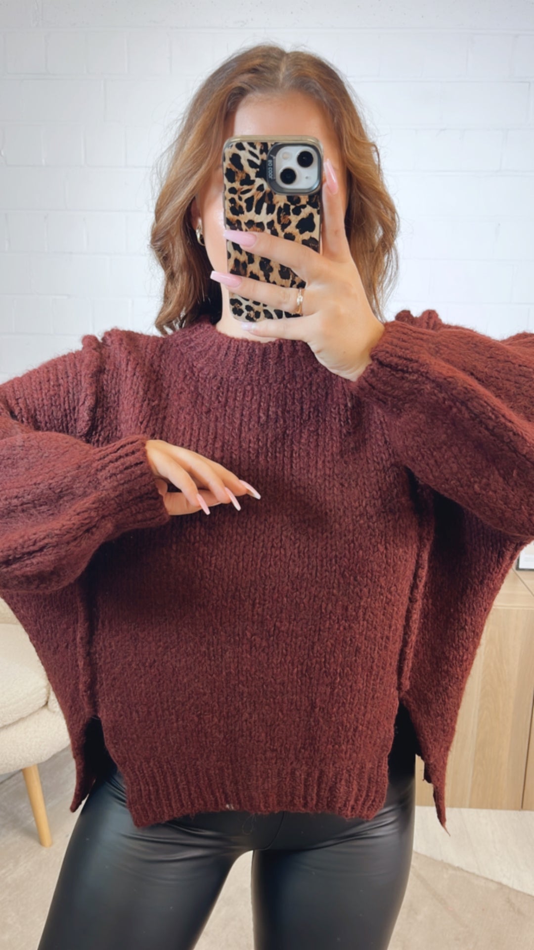 Strick Pullover, zweifacher Schlitz auf Vorderseite / bordeaux rot Art. 12507
