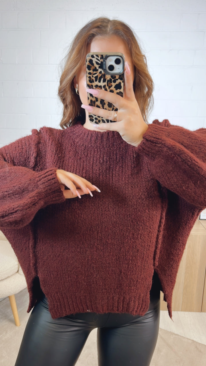 Strick Pullover, zweifacher Schlitz auf Vorderseite / bordeaux rot Art. 12507