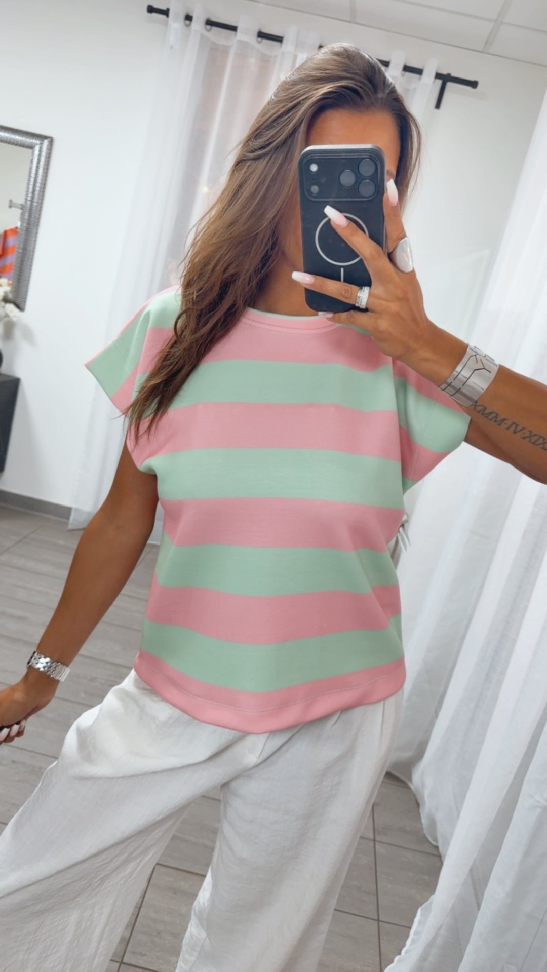 STREIFEN dünnes Butterstoff Shirt / rosa - mint Art. 15819
