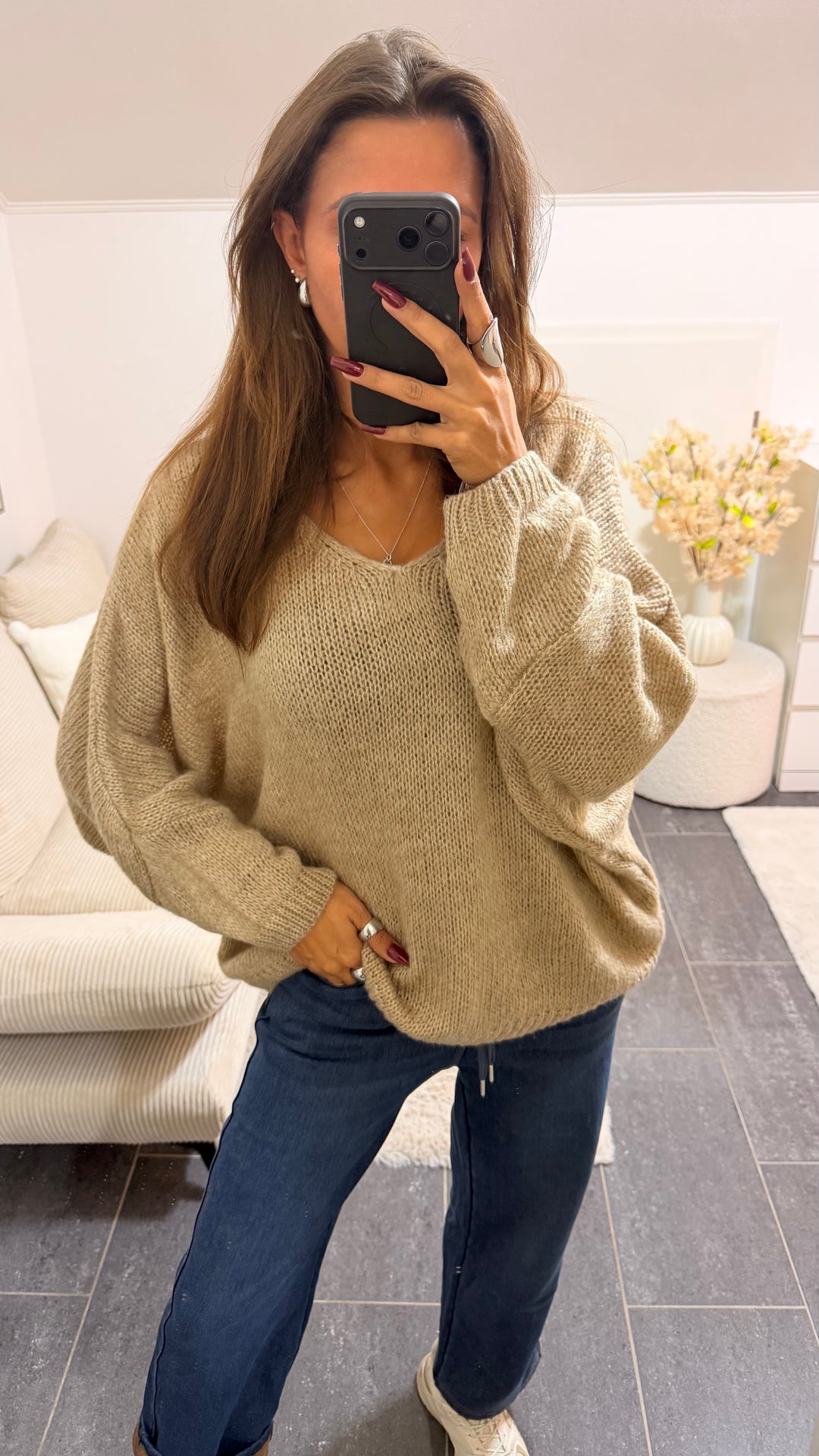 Wollfreier Fledermaus Strick Pullover / beige Art.16557
