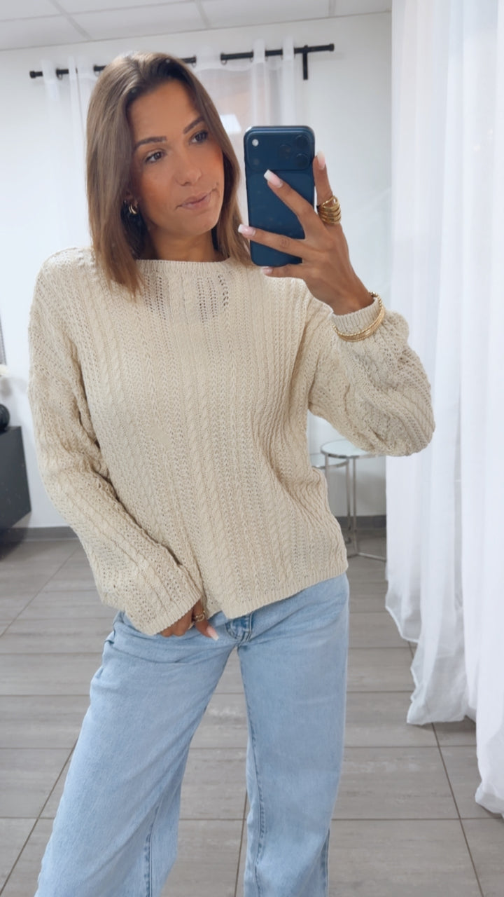 leichter Strick Pullover mit Zopfmuster / beige Art. 14941