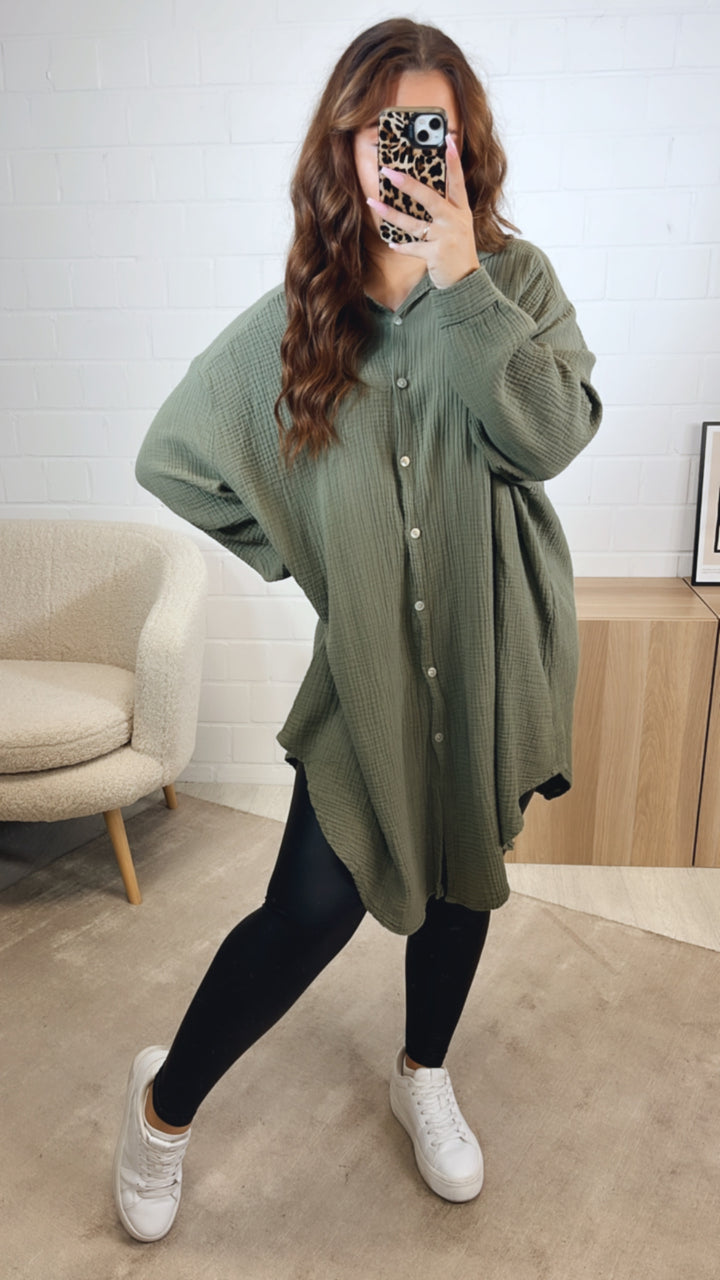 LANGE Oversize Musselin Bluse / khaki Art. 12465