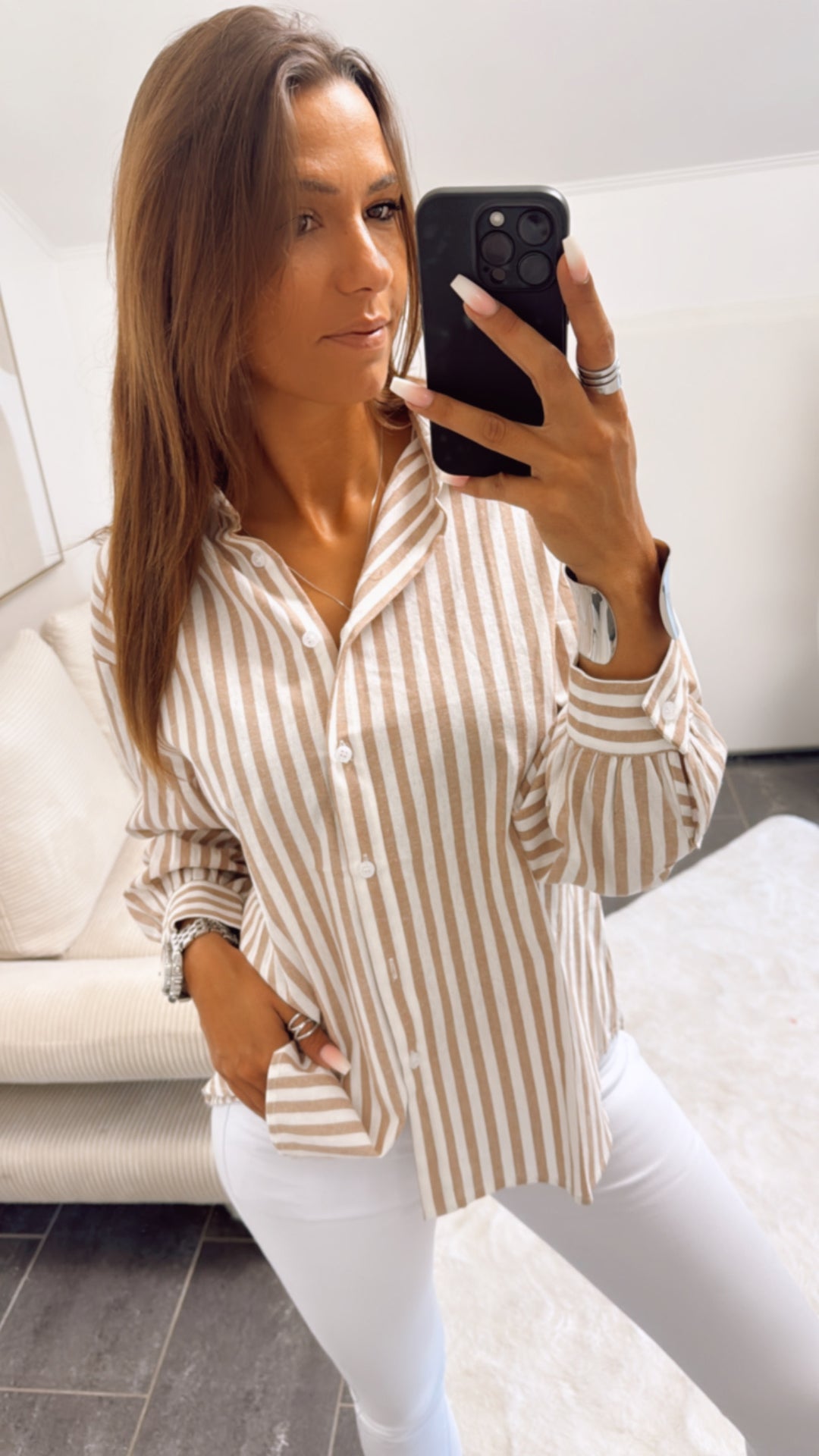 gestreifte Baumwoll Bluse, Leinen Look / beige - weiss Art. 10947