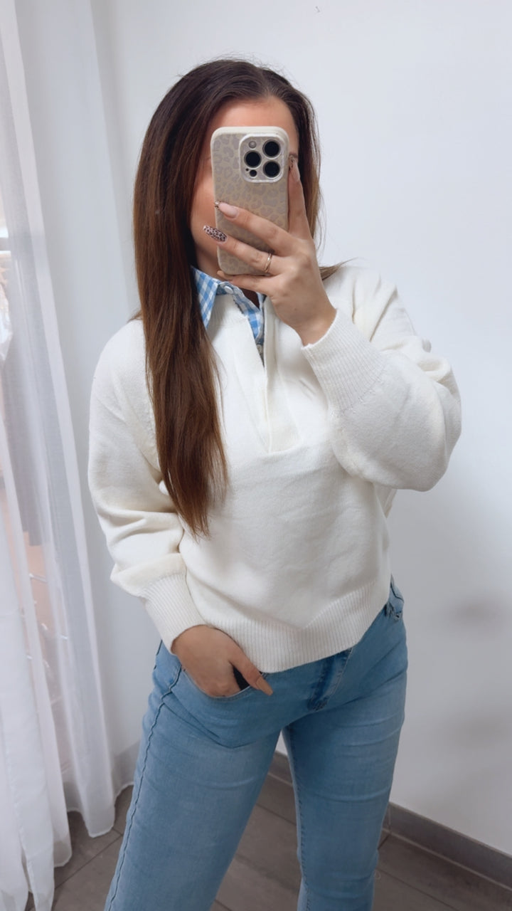 Pullover mit kariertem Blusenkragen / creme - hell blau - weiss  Art. 14180