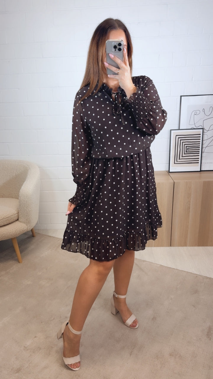 PUNKTE Kleid mit Gummibund im Taillenbereich / dunkel braun - weiß Art. 12956