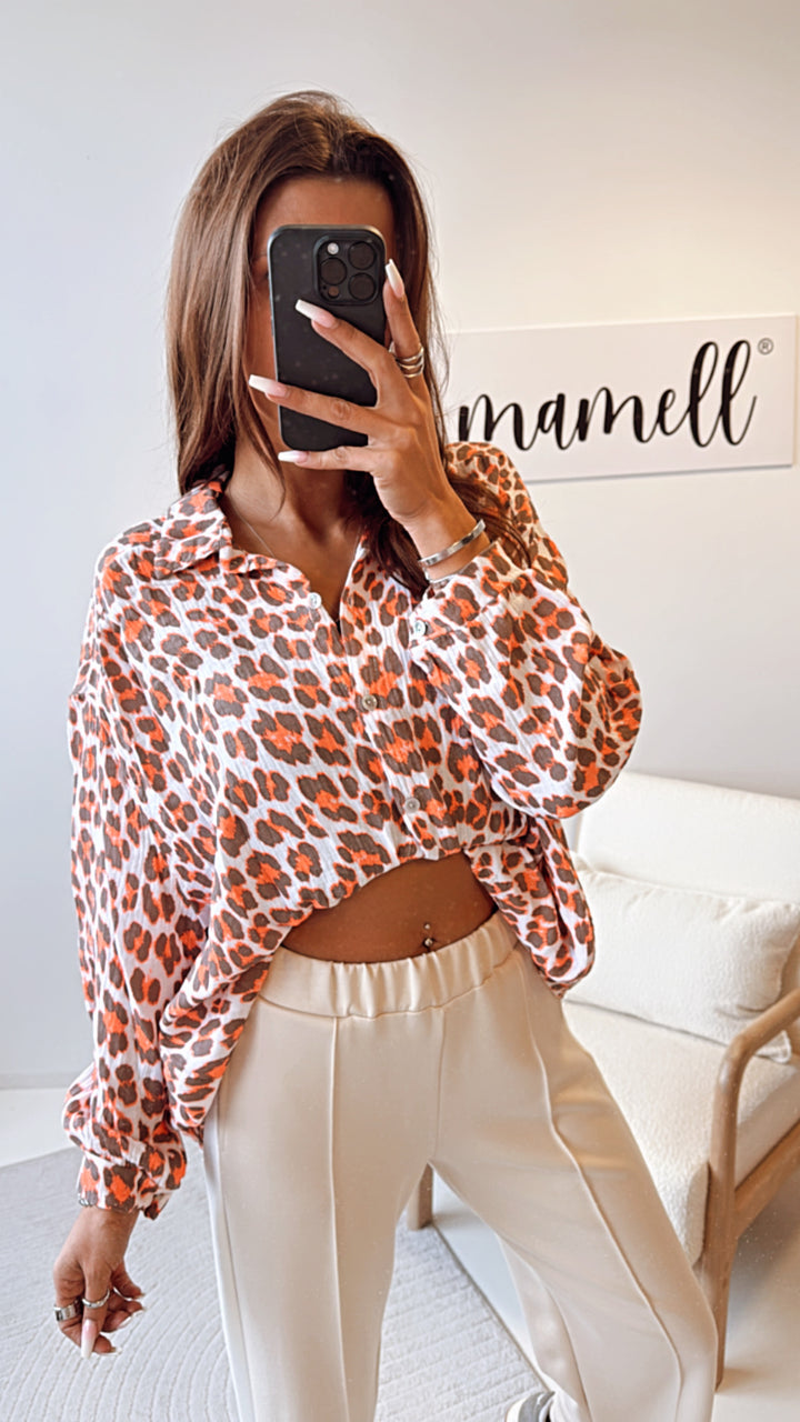 KURZE Oversize Musselin Bluse / Leo wollweiss - braun - orange Art. 8479