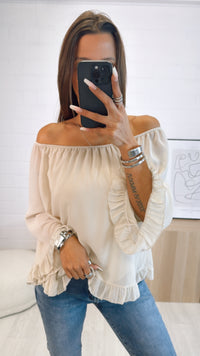 Chiffon Bluse mit Volant Applikationen / beige Art. 9350