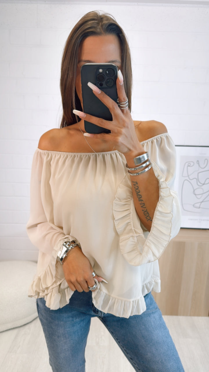 Chiffon Bluse mit Volant Applikationen / beige Art. 9350