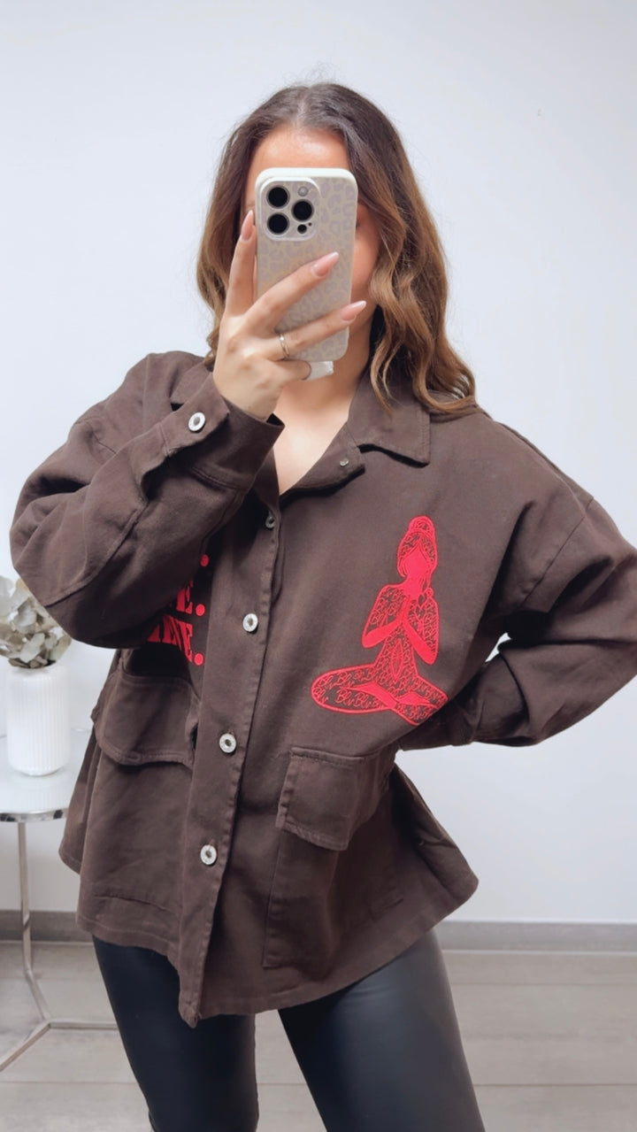 Jeans Hemd Jacke " Be Lieve " / schoko braun - pink Art. 13582