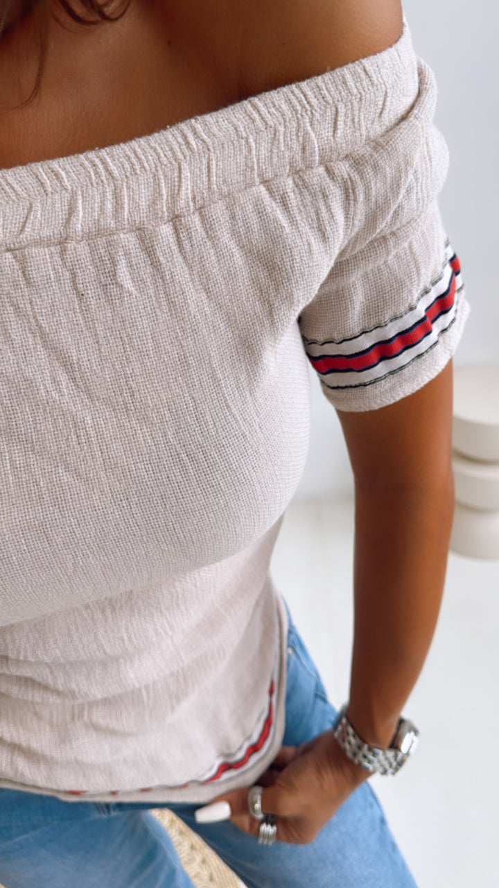 Off - Shoulder Baumwoll Oberteil, Streifen / beige Art. 10522