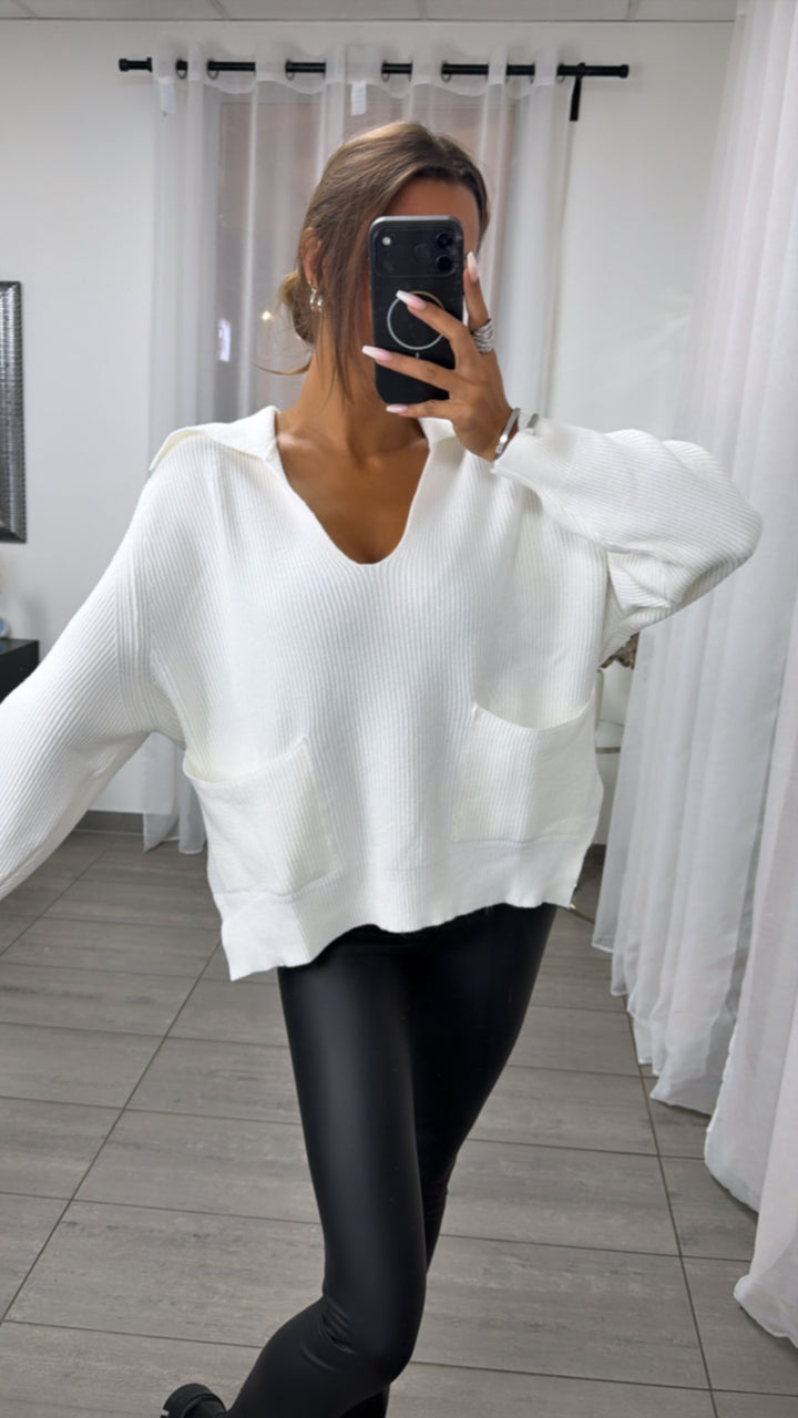 Strick Pullover mit tiefem Ausschnitt und Kragen / weiß Art.16370