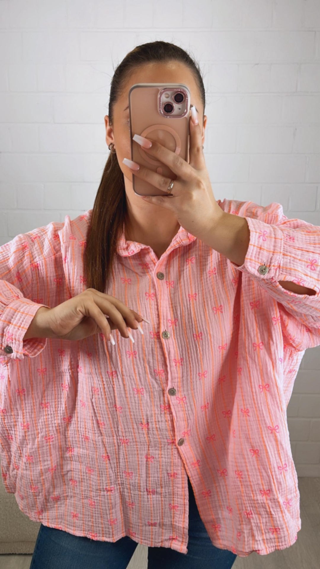 SCHLEIFEN - STREIFEN KURZE Oversize Musselin Bluse / rosa - neon orange - pink Art. 10182
