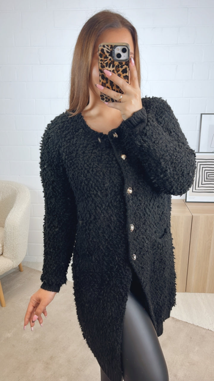 TEDDY langer Cardigan mit gold - silbernen Knöpfen, Taschen / schwarz Art. 12835